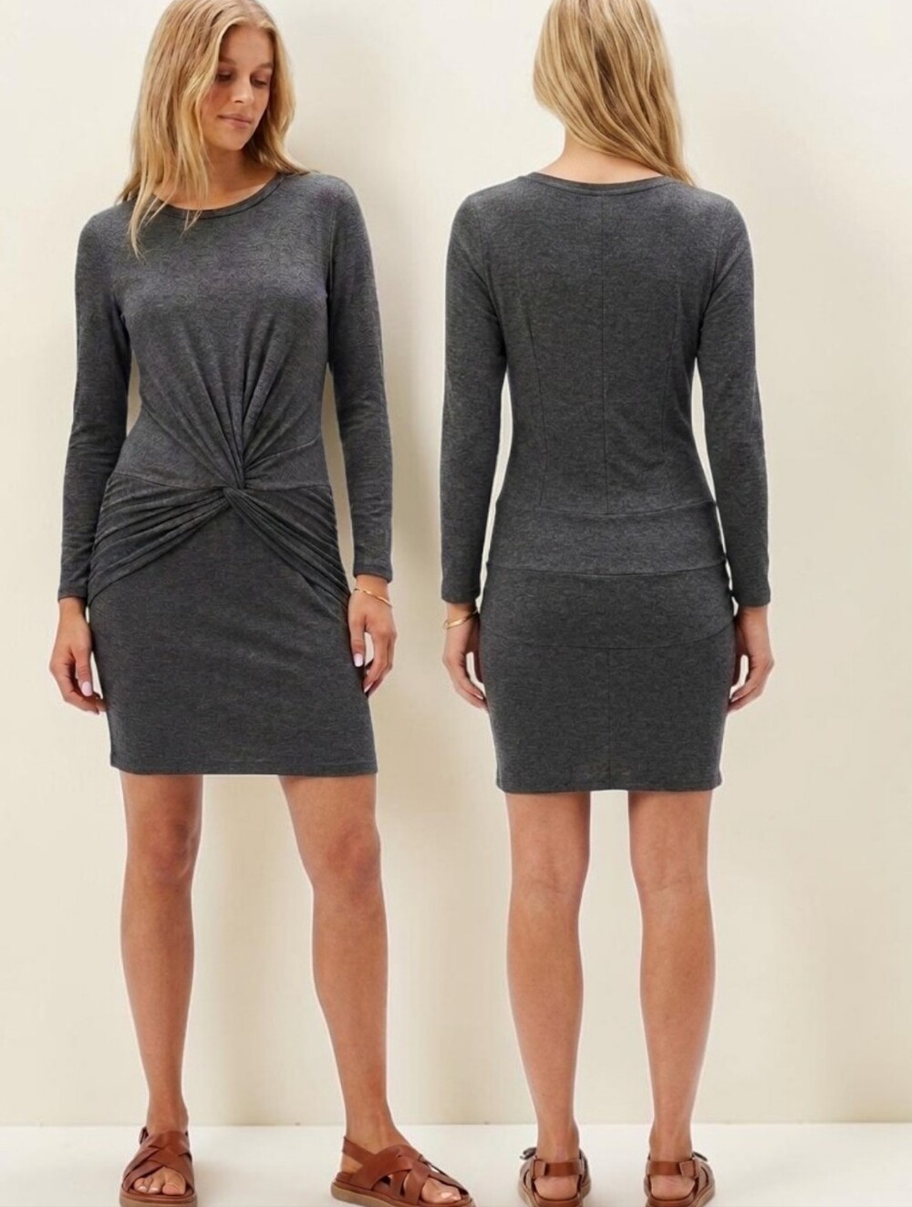 AMOUR VERT Grey Twist-front Cotton Mini Dress - Size M